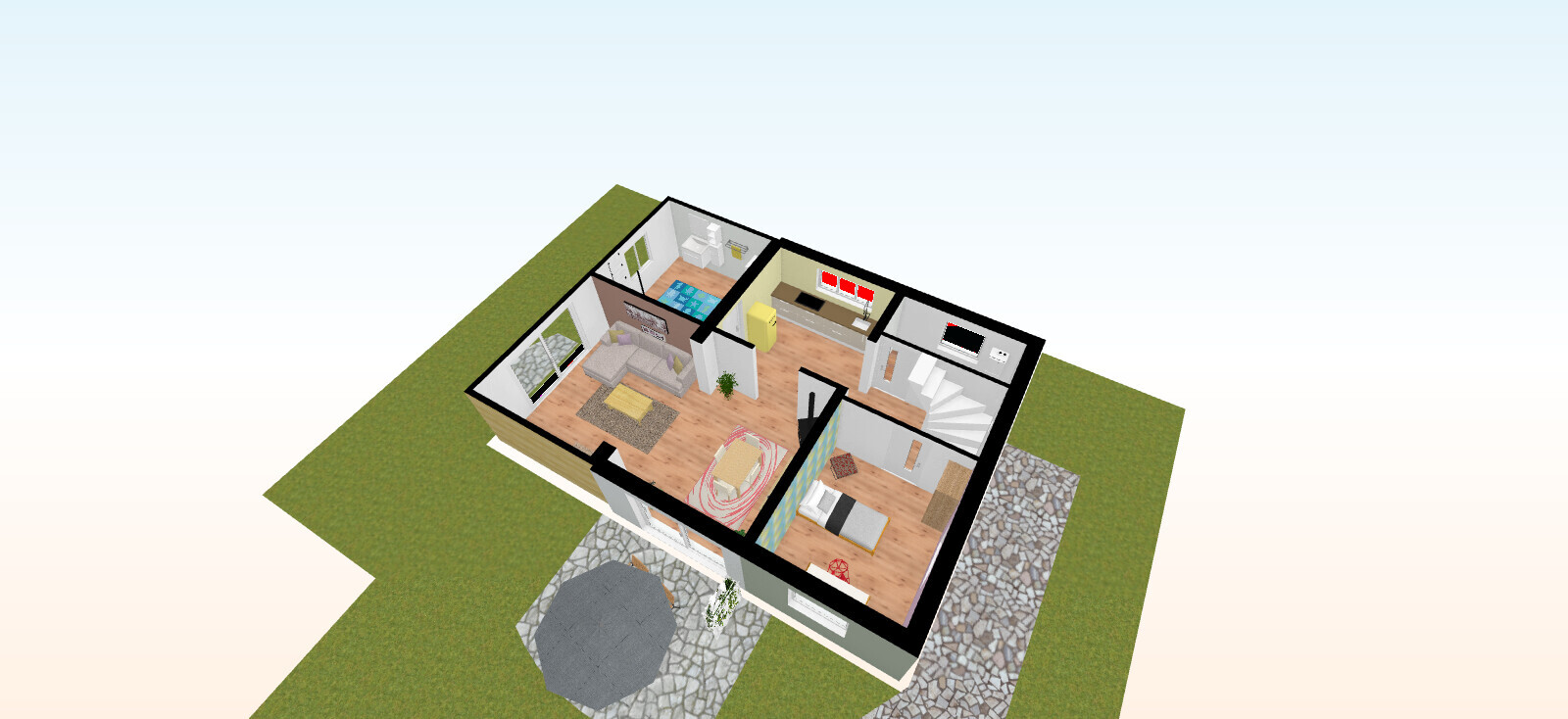 Isometrischer Grundriss eines Hauses: Wohnzimmer, Küche, Schlafzimmer, Treppenhaus, Garten und Steinwege.