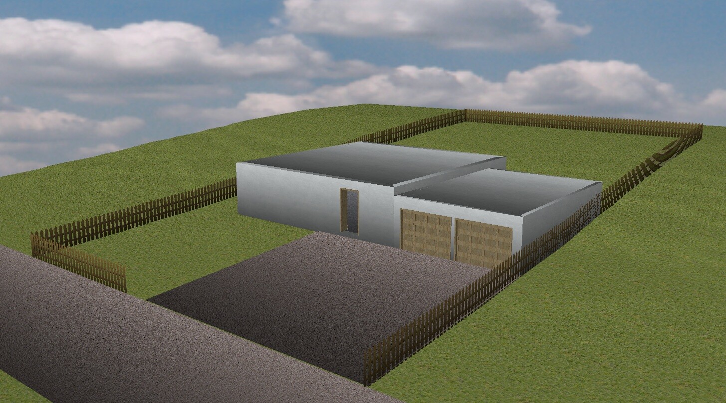 Modernes, flaches Haus mit Eingang links, Doppelgarage rechts, umzäuntes Grundstück auf grünem Hang.