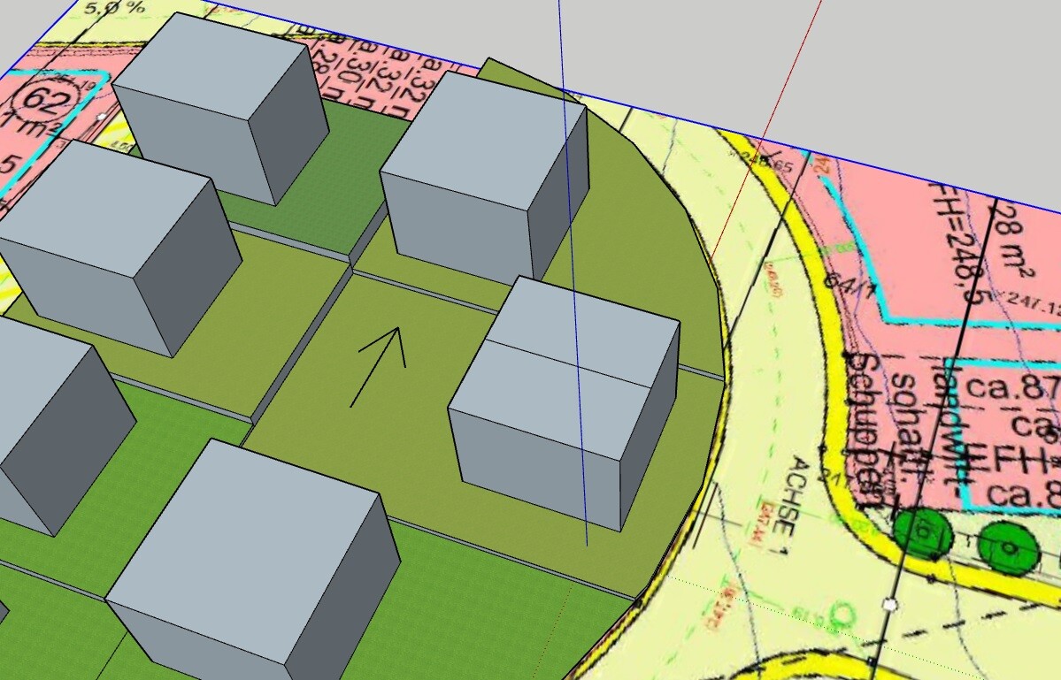 3D-Bebauungsplan: graue Wohnblöcke auf grüner Fläche, farbige Kartenränder