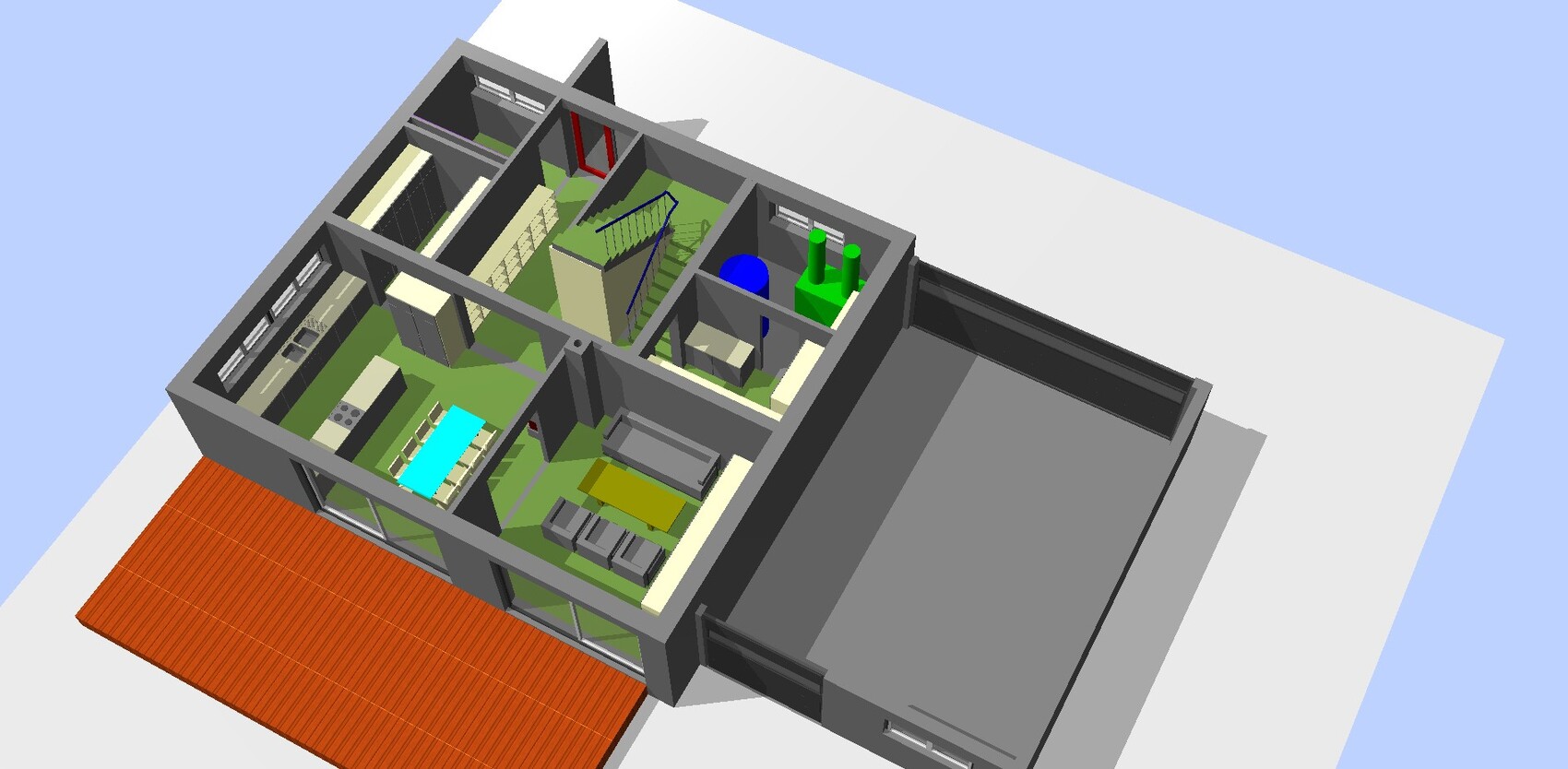 Isometrisches 3D-Hausmodell mit Küche, Essbereich, Wohnzimmer, Treppe und Garage.