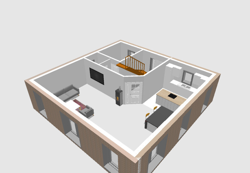3D-Isometrische Innenansicht eines offenen Wohnbereichs mit Sofa, Kamin, Küche, Esstisch und Treppe