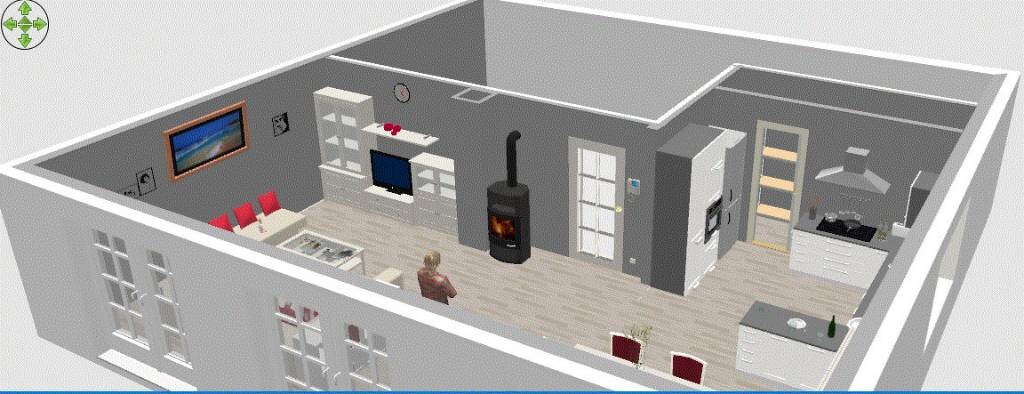 Offenes Wohn- und Küchenbereich mit Kaminofen, Fernseher, Sofa, Esstisch und Küchenzeile.