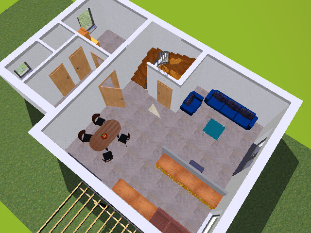 Isometrischer 3D-Grundriss: Wohnzimmer mit blauem Sofa, Couchtisch und Essbereich.