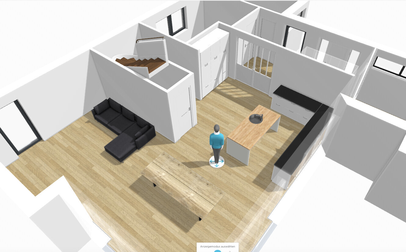 3D-Modell eines offenen Wohn- und Küchenbereichs: Sofa, Esstisch, Insel, Treppe, Person.