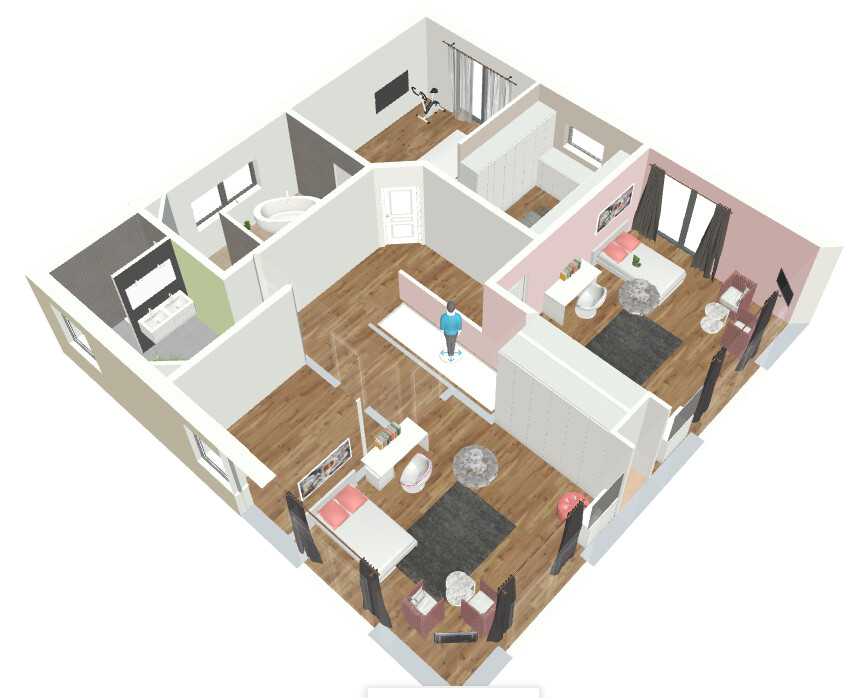 Isometrischer Wohnungsplan mit mehreren Räumen, Person an Theke, Wohnzimmer, Schlafzimmer, Bad.