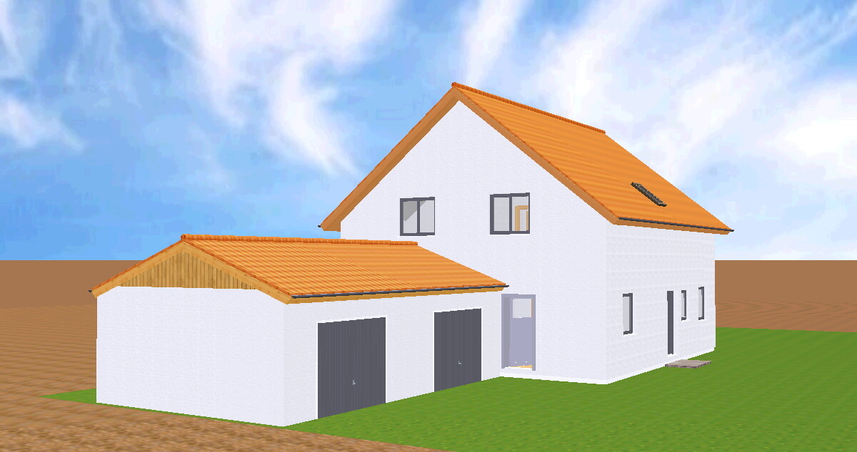 Weiße zweistöckige Villa mit einer eigenen Garage und grünem Rasen.