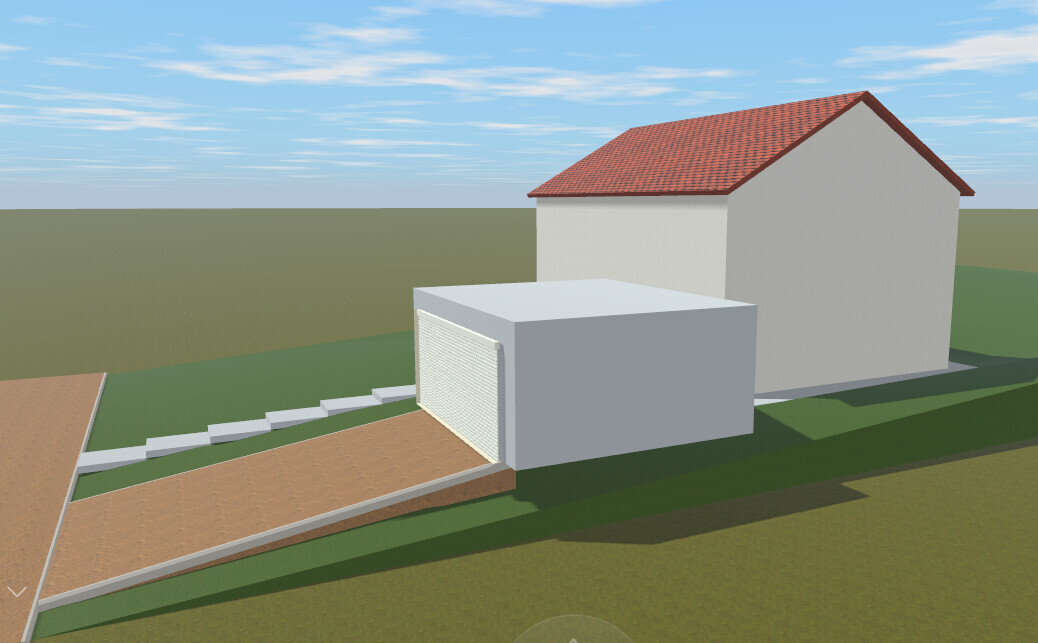 Haus mit rotem Ziegeldach und weiße Garage, gepflasterte Zufahrt.