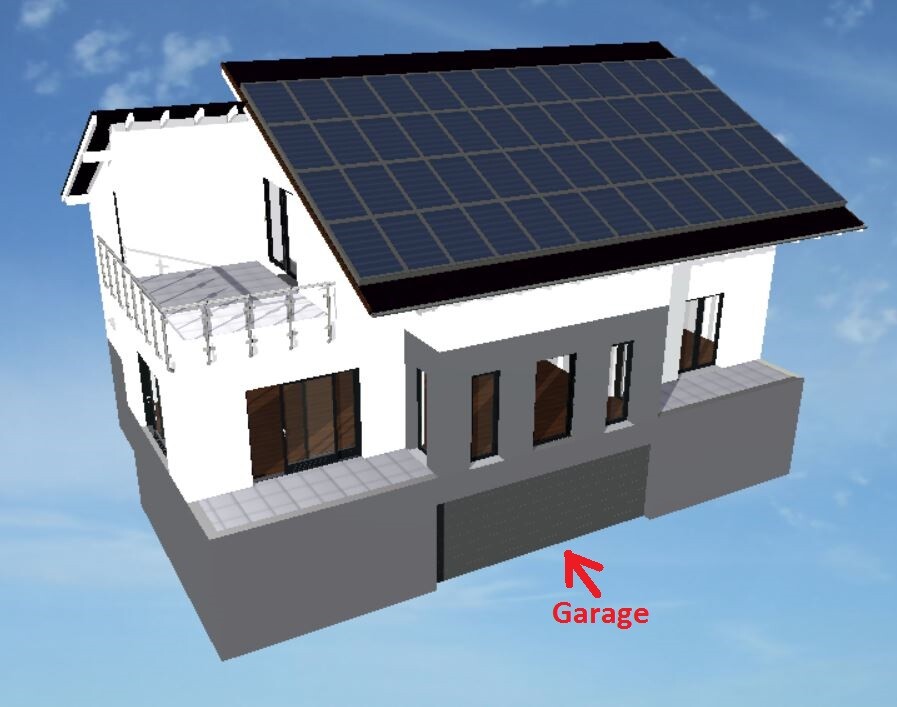 3D-Modell eines Hauses mit Solarmodulen auf dem Dach und einer Garage im Vordergrund.