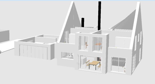 Moderne 3D-Hausansicht mit Garage, großen Fenstern und sichtbaren Innenräumen
