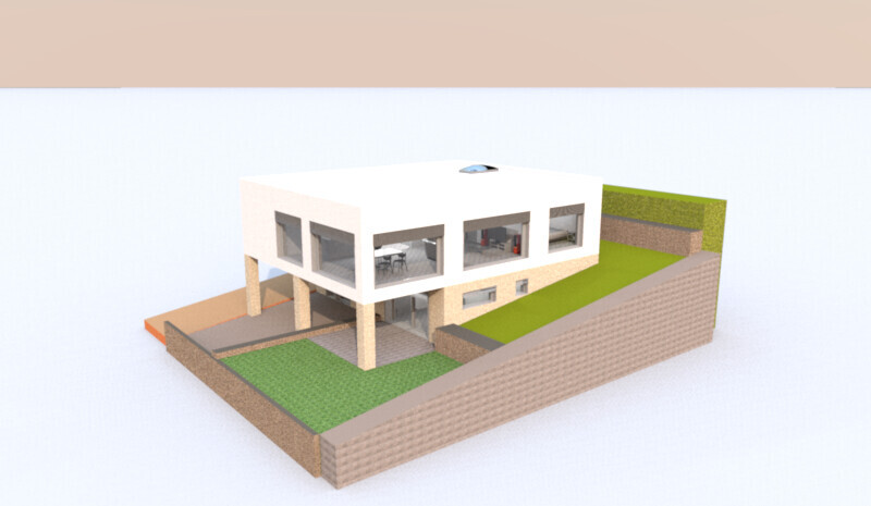 Modernes zweistöckiges 3D-Hausmodell mit großen Fensterfronten auf Grünfläche.