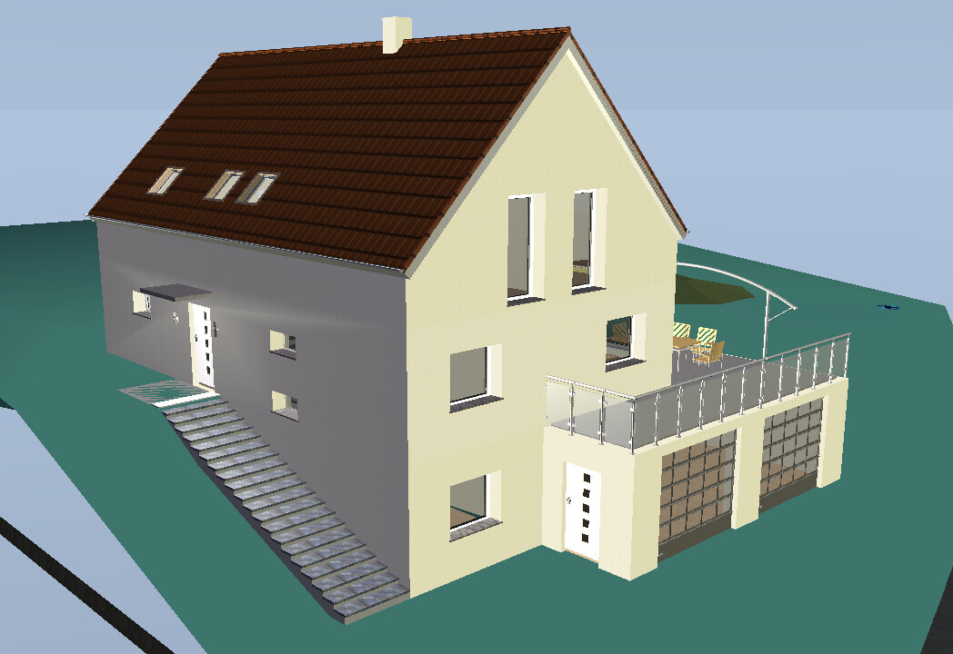 Ein 3D-Hausmodell: gelbe Fassade, braunes Satteldach, Terrasse mit Glasgeländer, Garage.