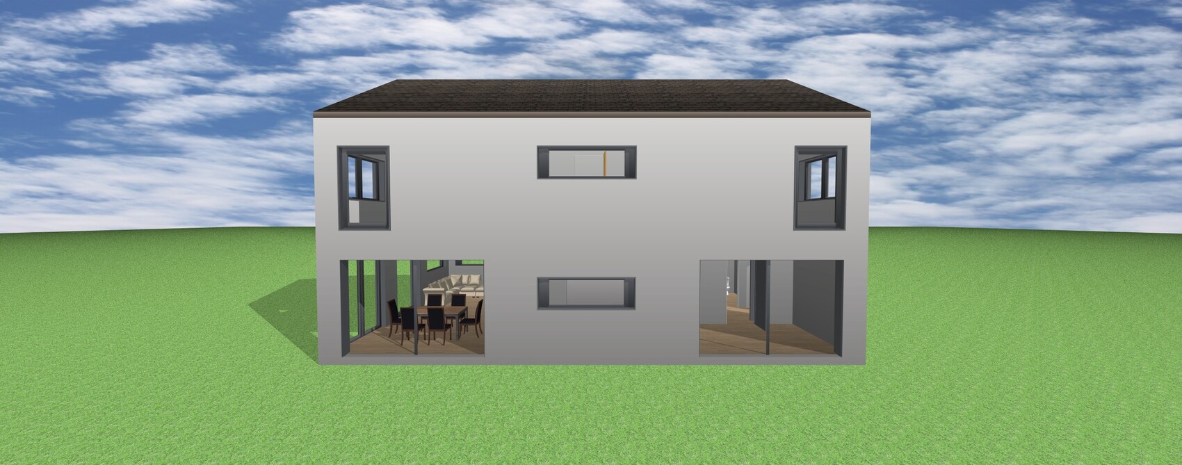 Zweistöckiges modernes Haus mit grauer Fassade, große Glasfronten, Innenblick auf Esszimmer und Flur