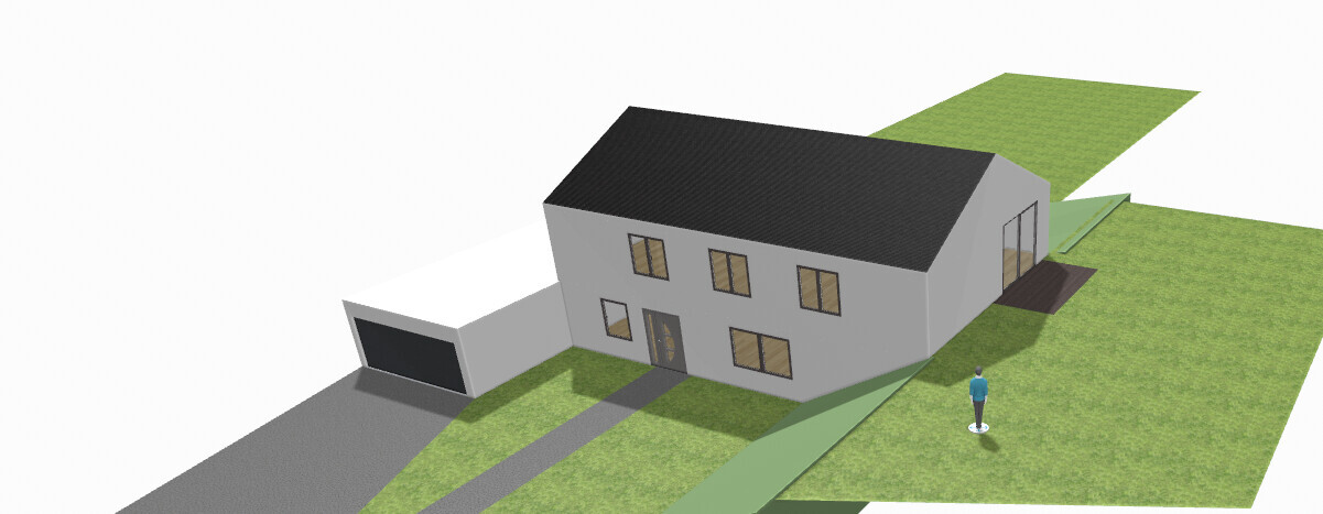 Zweistöckiges graues Haus mit dunklem Dach, Garage, Gartenweg und stehender Mensch auf Rasen.