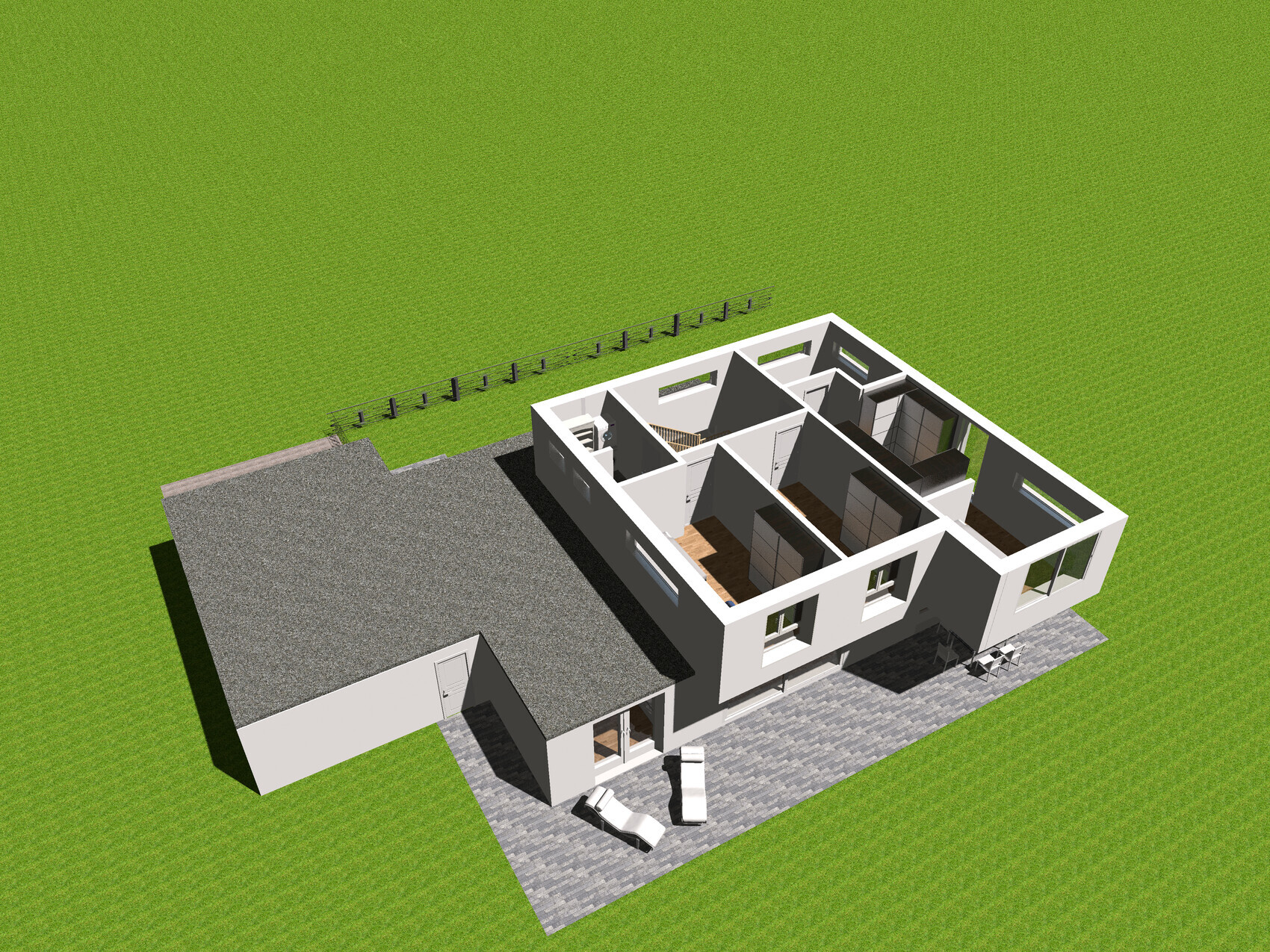 3D-Render eines modernen Hauses mit Garage, Garten und sichtbarem Innenraumgrundriss.