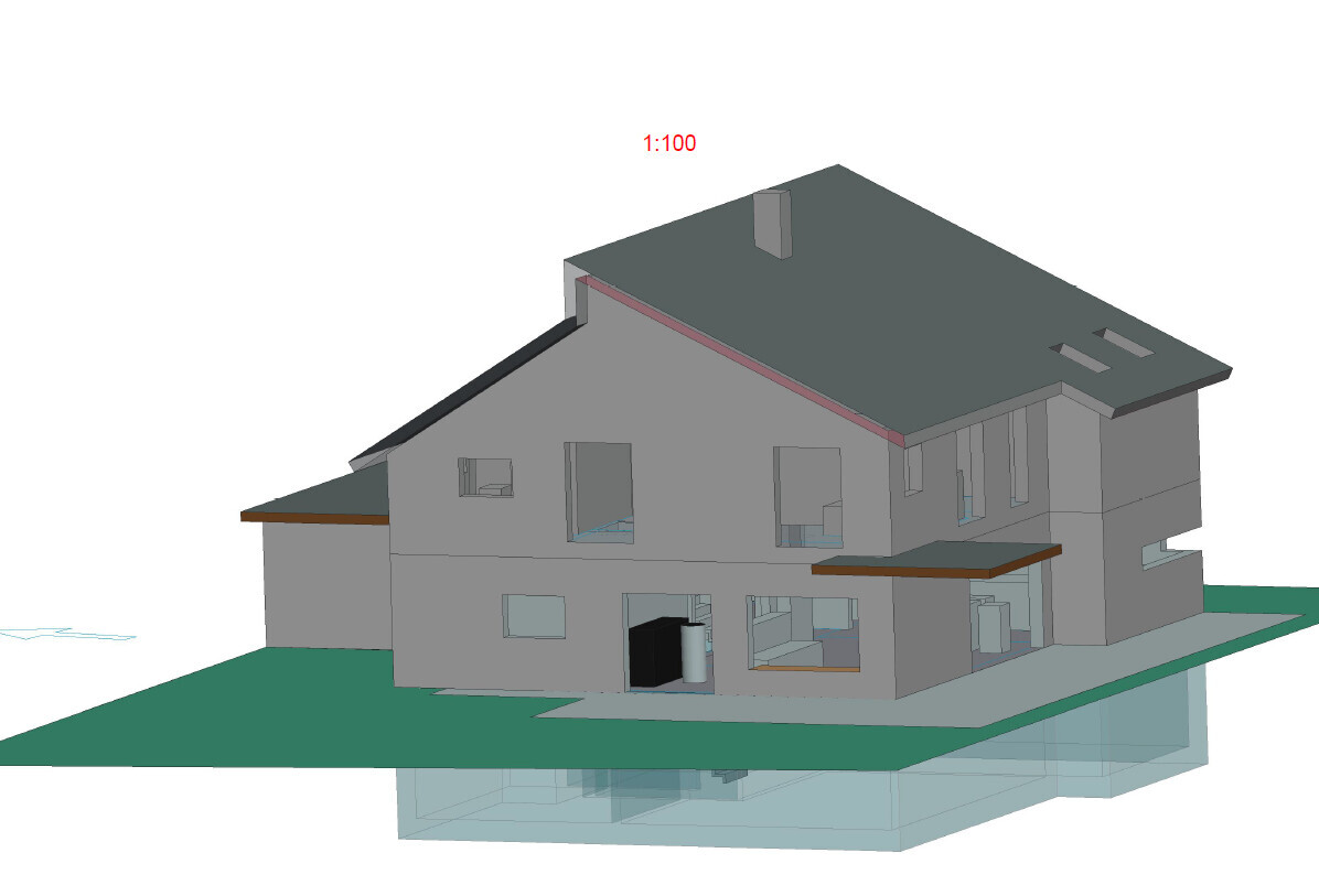 3D-Architekturmodell eines zweistöckigen Hauses mit Keller, Terrasse und grünem Grundstück