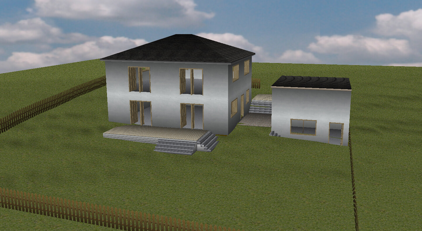3D-Hausmodell: zweistöckiges Haus mit Terrasse, Nebengebäude und Zaun im Garten.