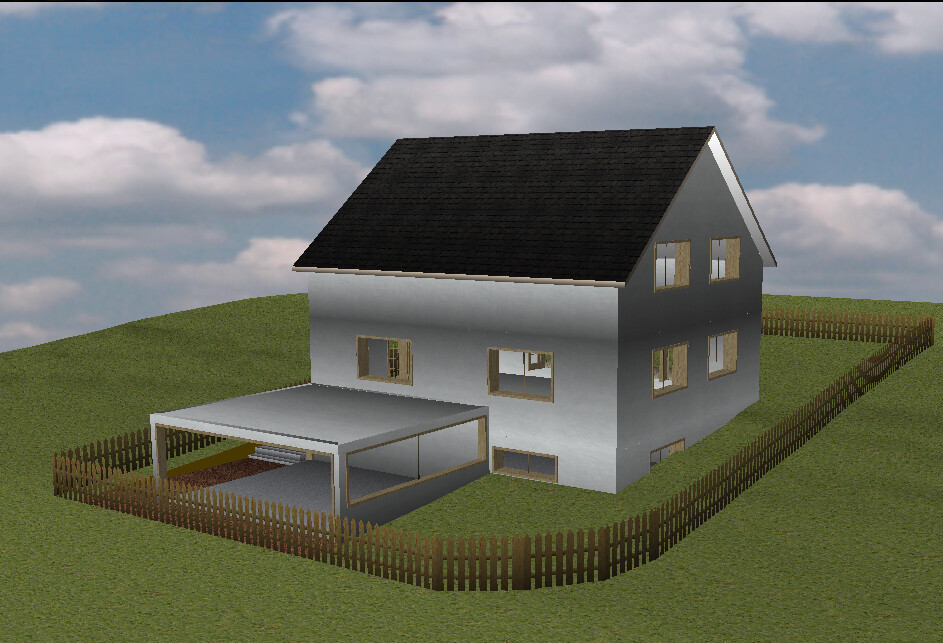 Graues zweistöckiges Haus mit dunklem Satteldach, Carport und Holzzaun im Grünen