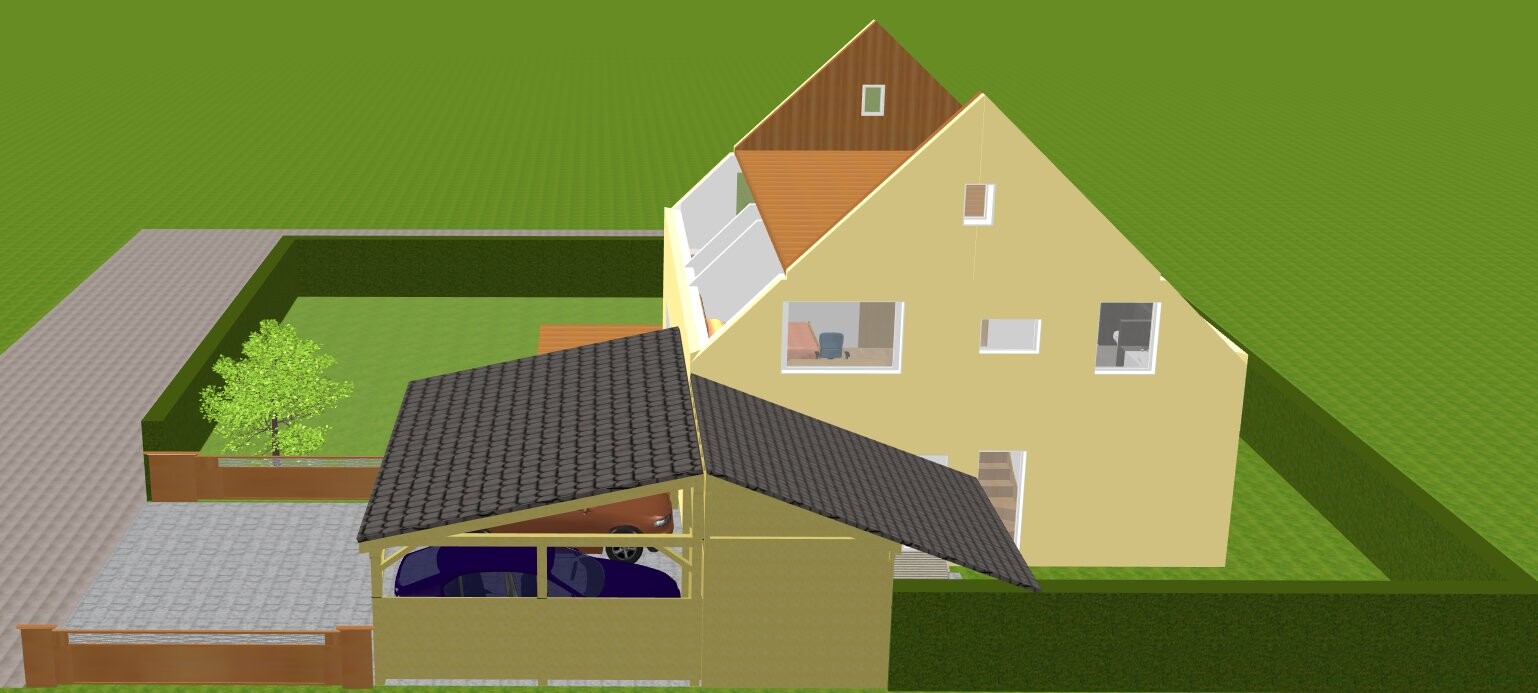 Isometrische 3D-Darstellung eines gelben Wohnhauses mit Carport, Garten und Zaun