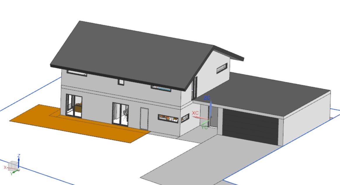 3D-Hausmodell: Zweistöckiges Gebäude mit Garage, Einfahrt und orangefarbene Terrasse