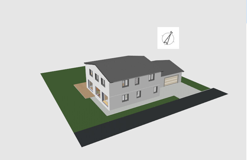 3D-Modell eines zweistöckigen Hauses mit Garage, Zufahrt und Garten (Vogelperspektive)