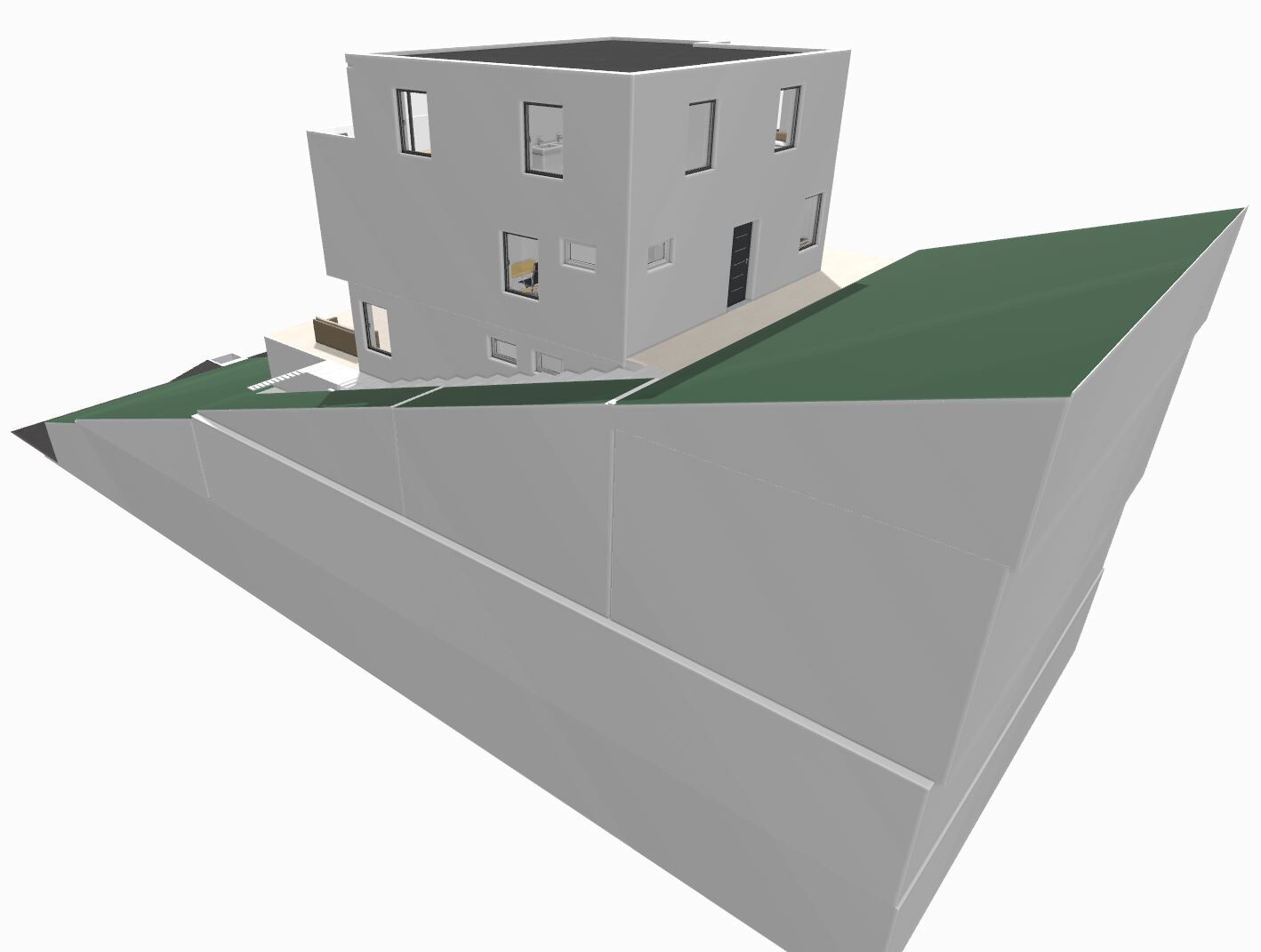 Modernes graues Haus auf erhöhtem Grundstück, umgeben von hohen Stützmauern und Grünfläche.