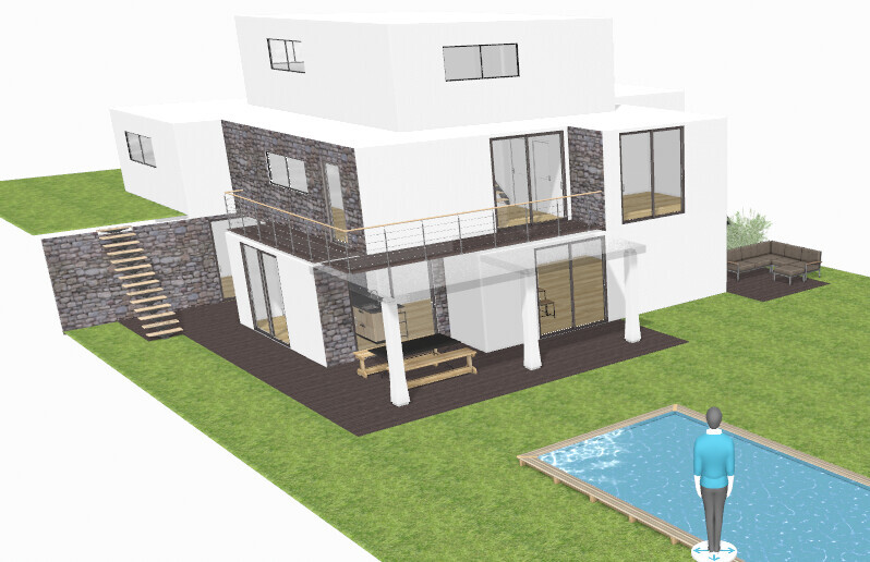 Moderne weiße Villa mit Terrasse, Garten und Pool; Modellfigur am Beckenrand