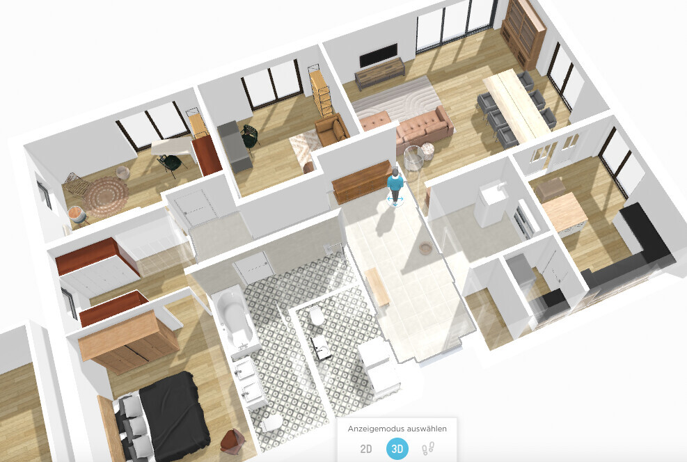 3D-Grundriss eines Apartments mit Wohnzimmer, Küche, Bad, Schlafzimmern; Person im Flur.