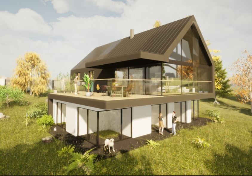 Moderne zweigeschossige Villa mit Glasfront und Balkon, Menschen auf der Terrasse, Hund im Garten
