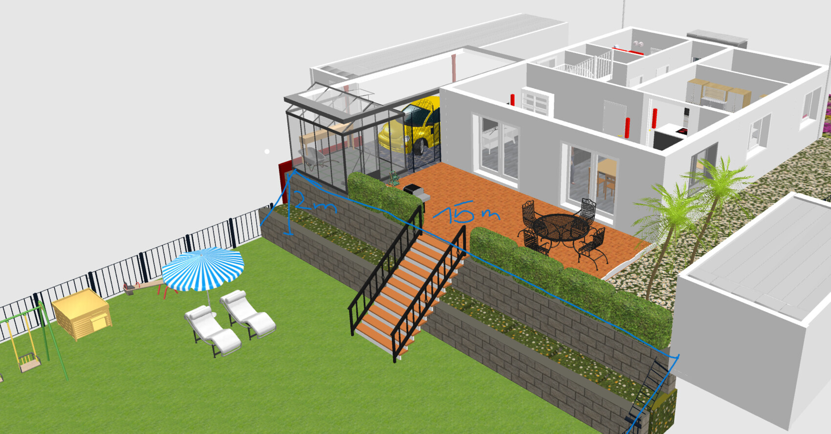Moderne Hausseite mit Glas-Garage und gelbem Auto, Treppe, Lounge-Sessel, Esstisch, Garten.