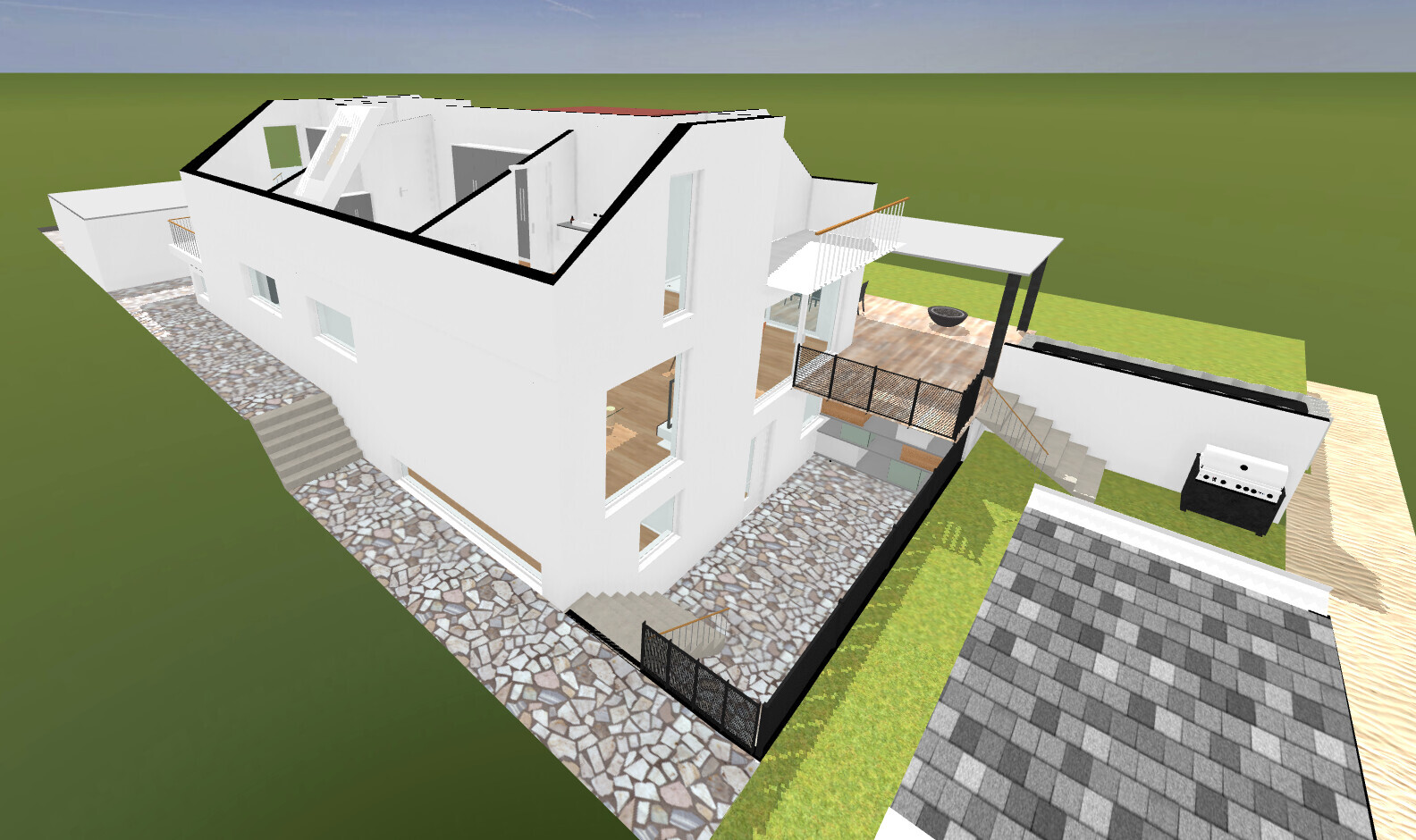 Moderne weiße 3D-Hausansicht mit Terrasse und Gartenbereich