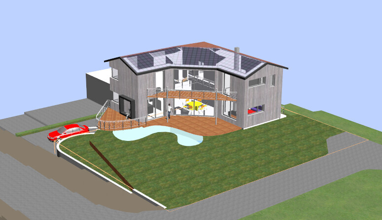 Modernes zweistöckiges Holzhaus mit Balkon, Terrasse, Pool und Solarzellen im Garten.