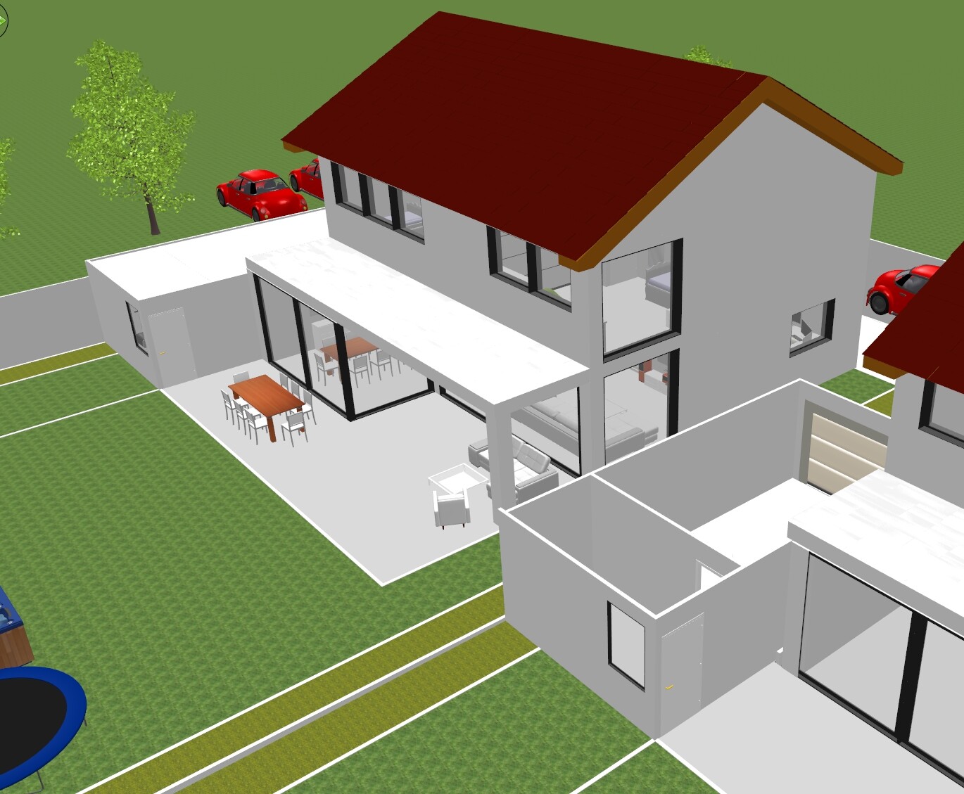 Moderne zweistöckige Villa mit rotem Dach, viel Glas, Terrasse und parkenden Autos.