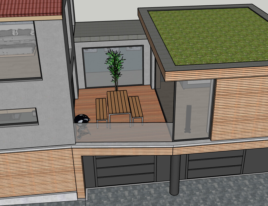 Außenbereich eines modernen Hauses: Holzterrasse mit Tischgruppe, Pflanze, Grill, Glasbrüstung, Gründach.