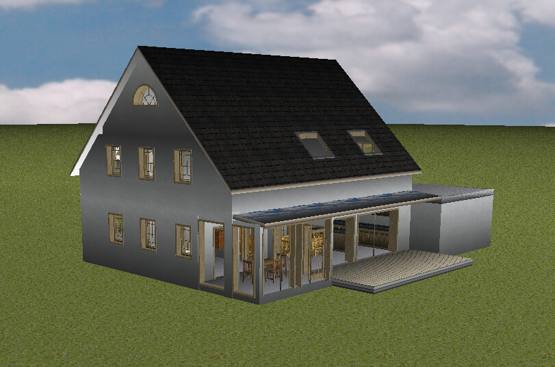Zweistöckiges Haus mit dunklem Satteldach, Glasveranda und offenem Wohnbereich auf Grasfläche.
