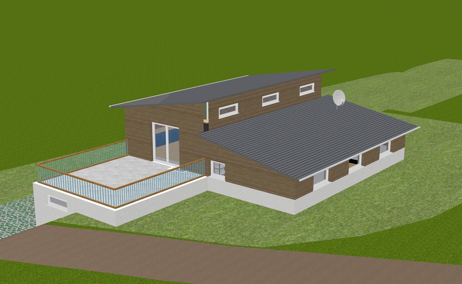 Modernes Holzhaus mit großer Terrasse, Glasgeländer, grauem Dach und Satellitenschüssel.