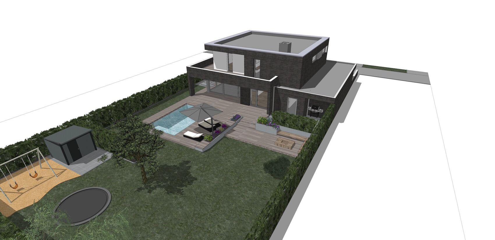 Moderne zweistöckige Villa mit Flachdach, Holzterrasse, Pool, Garten und Spielbereich.
