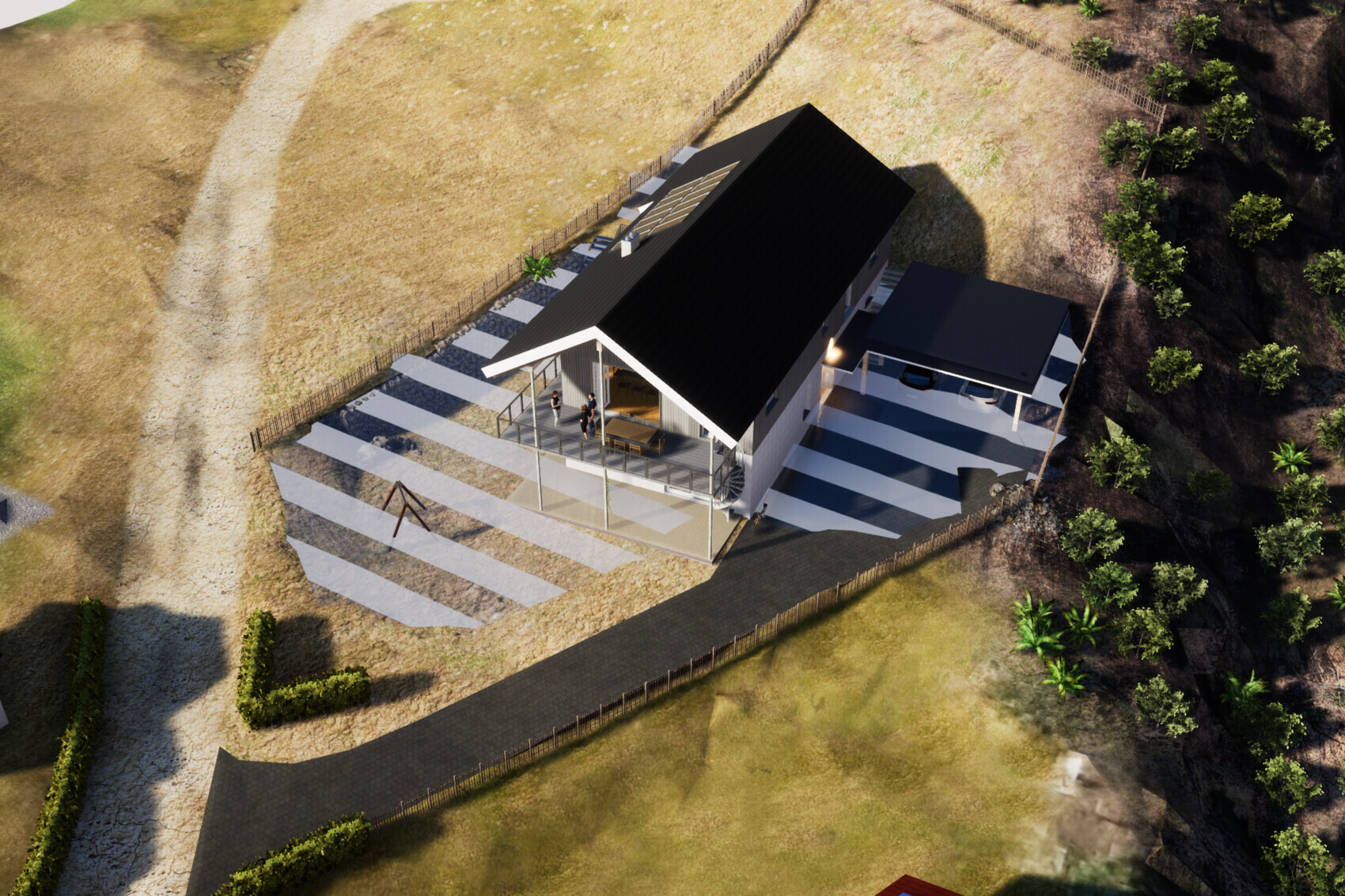 Modernes Einfamilienhaus auf Hang mit großer Terrasse, Carport mit zwei Autos und Gartenumgebung.