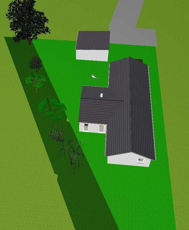 Vogelperspektive eines modernen 3D-Hauses auf grünem Grundstück mit Zufahrt und Baumbestand