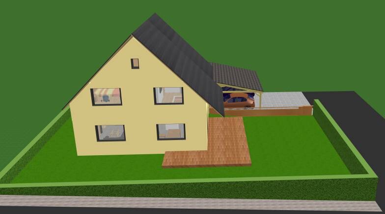 Gelbes zweistöckiges Haus mit dunklem Satteldach, Carport mit Auto und grünem Garten.