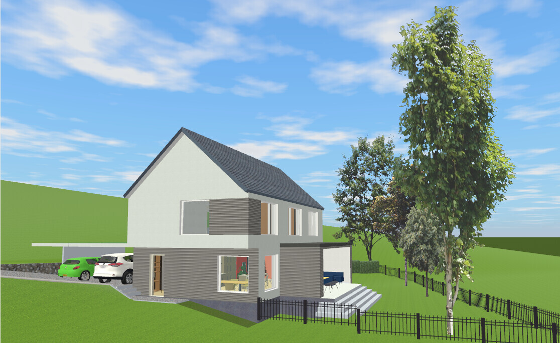 Moderne 3D-Hausansicht mit Garten, Terrasse, Zaun und Bäumen auf grünem Grundstück