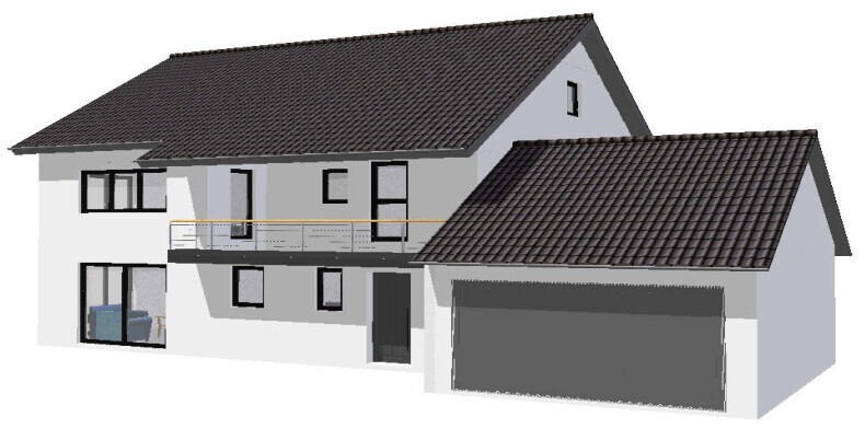 Modernes zweistöckiges Haus mit Balkon, großen Fenstern und integrierter Garage.