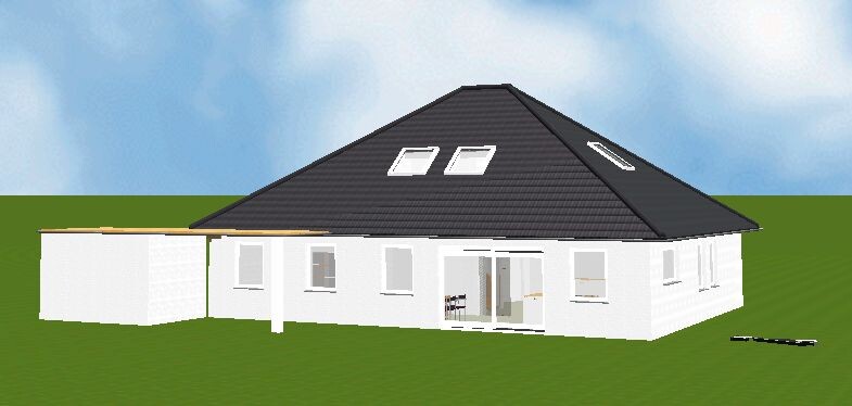 Weißes Einfamilienhaus mit dunklem Satteldach, Dachfenstern und Glas-Schiebetür auf grünem Rasen.