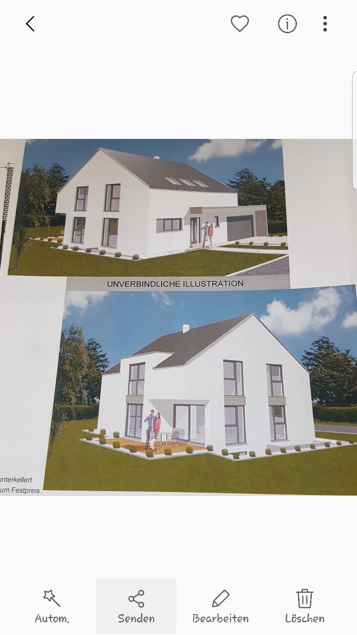 Zwei 3D-Renderings eines modernen weißen Einfamilienhauses mit Garage und Garten.