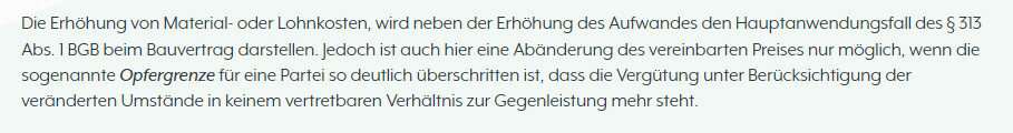 Deutscher Textabschnitt zu Kostensteigerungen bei Bauverträgen und Preisänderung gemäß §313 BGB.