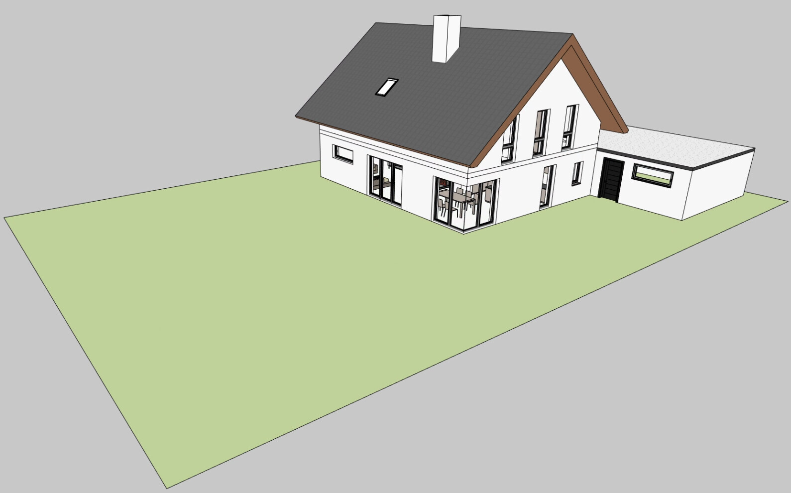3D-Modell eines Einfamilienhauses mit Satteldach, Anbau und großer Rasenfläche.