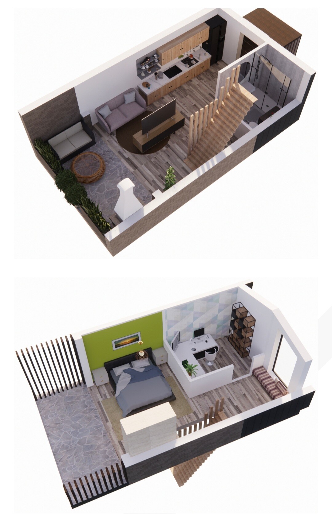 Zwei 3D-Ansichten eines Apartments: Offener Wohnbereich/Küche, Terrasse, Treppen; Schlafzimmer/Büro oben.