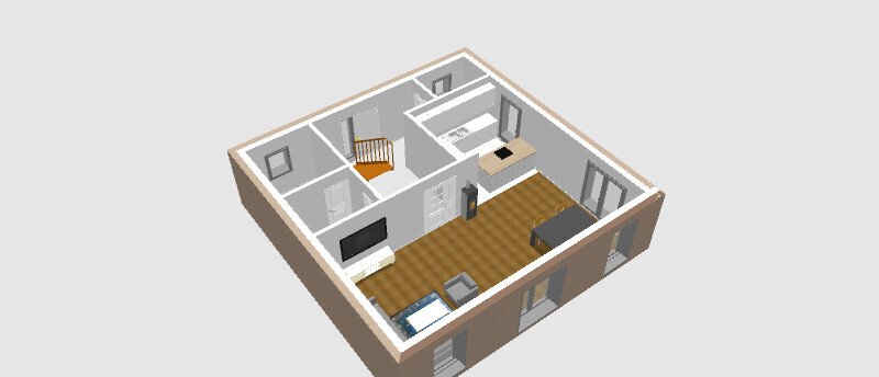 Isometrischer Grundriss eines kleinen Hauses: Wohnzimmer mit TV, Sofa; Küche; Schlafzimmer; Treppe.