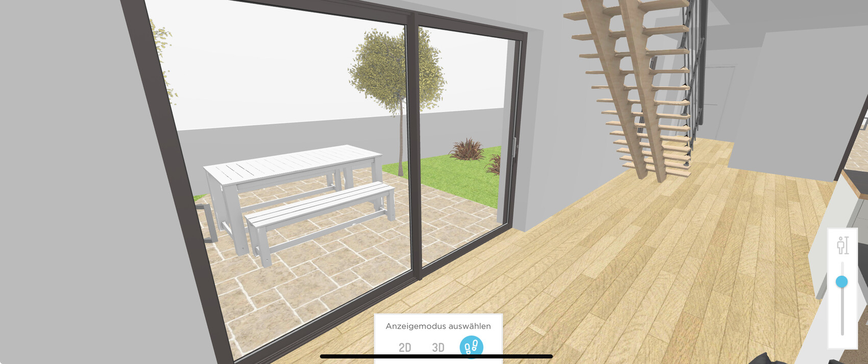 Moderne 3D-Haus Innenansicht mit Terrasse, Treppe und Glasfront
