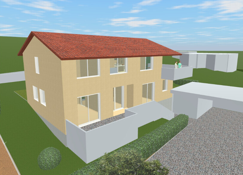 Außenansicht eines zweistöckigen Hauses mit rotem Ziegeldach, beige Fassade und Terrasse