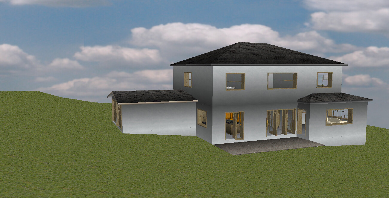Modernes zweistöckiges Haus mit Garage, Glasfronten und Terrasse auf grünem Hügel.